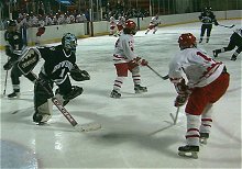 Emily McKissock comes out to play the puck (photos: Russell Jaslow).