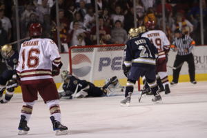 Luke Salazar's game-winner eludes Jordan Pearce. Photo by Candace Horgan.