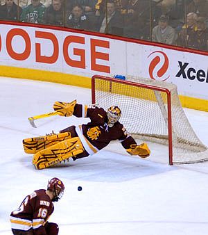 Alex Stalock makes one of his 39 saves Thursday night (photo: Jason Waldowski).