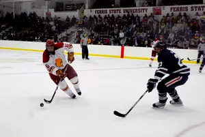 Ferris State's Cody Chupp had a goal and an assist. Photo by Brad Klosner.