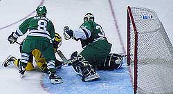 Mercyhust goalie Peter Aubry, shown in last year's NCAA tournament, was stellar again on Saturday.