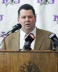 Dave Burkholder speaks at Thursday's news conference to announce his hiring as Niagara's new coach. (photo by Janet Schultz)