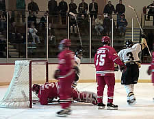 Tim Schneider celebrates Erik Pitoscia's goal as Superior scores on Plattsburgh goaltender Niklas Sundberg. (photos by Ed Trefzger)