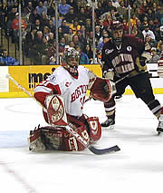 BU goalie Sean Fields stopped 23 shots to put BU in its 41st Beanpot Championship game. (photos by Irwin Schreiman)