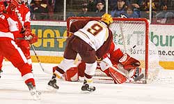 John Pohl breaks in for a goal in the Gophers' 6-3 win at Mariucci on Friday. (photo courtesy Minnesota sports information)