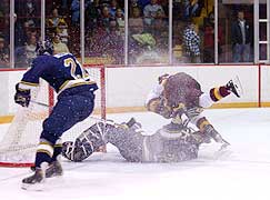 Ferris State crashed the net and Notre Dame goalie Morgan Cey a lot in the third period.