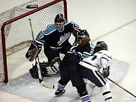 Maine's Dawn Froats made 43 saves in the loss to UNH. (Photo: Jim Connelly)