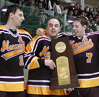 Norwich captains Marshall Lee, Toza Crnilovic and Lou DiMasi accept the D-III trophy. (Photos: Ed Trefzger)