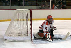 RIT's Tyler Euverman, who made 30 saves in the win, protects the side of the net with his stick. (Photos by Russell Jaslow)