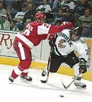 North Dakota forwards, like Brandon Bochenski, were able to get free of checks for shots most of the night. (photo Patrick C. Miller)