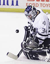 Michael Ayers might not be a Hobey Baker finalist, but he's no slouch in the UNH nets (photo: James Schaff).