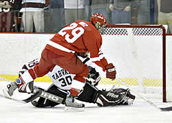 Cornell's Byron Bitz tries to work the puck past Harvard goalie Dov Grumet-Morris. (Photo by Lowell Chow)