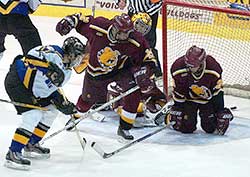 UAF's Ryan Campbell scores his second of the night off a scramble, tying the game, 4-4.