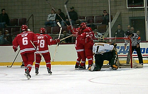 Justin Rafferty scores to give Plattsburgh its only lead of the game, 1-0. (Photos by Chris Lerch)