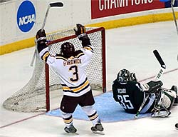 Jay Hardwick celebrates his assist on Junior Lessard's first goal and UMD's fourth.