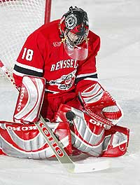 Nathan Marsters holds the Rensselaer career records for games played, starts, saves and goals against average (file photo: David Silverman, RPI Sports Info).