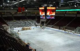 The Agganis Arena ice surface nears playing condition (photos: Scott Weighart).