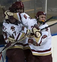 Joe Rooney, Brian Boyle and Patrick Eaves celebrate Boyle's goal, BC's second (photos: Melissa Wade).