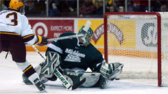 Chris Harrington scores the first goal of the game Saturday night (photo: Jason Waldowski).