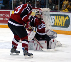 SCSU goalie Tim Boron watches Alex Goligoski's second goal of the game fly past (photo: Jason Waldowski).