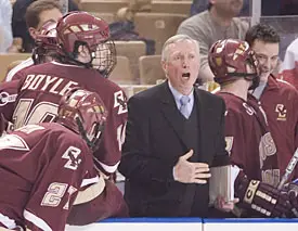 BC coach Jerry York shouts toward the ice during the East Regional Championship. He had the Eagles fired up for the sixth match of the season against BU. (photos: Melissa Wade)