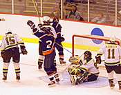 Hobart scores against St. Norbert in the 2006 NCAA semifinal. Both the Statesmen and Elmira came within a goal of the final game last season (photo: Angelo Lisuzzo.)