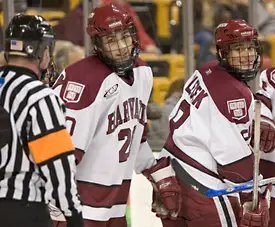 Brian McCafferty (l.) and Steve Rolecek react after Rolecek's first collegiate goal, the Crimson's second of the game.