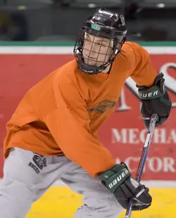 Bina skates in practice with the Sioux on Dec. 10, 2005 (photo: Melissa Wade).