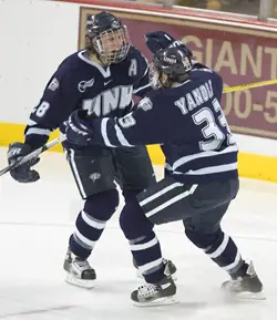 Andrew Leach and Brian Yandle celebrate Leach's game-tying goal Thursday (photos: Melissa Wade).