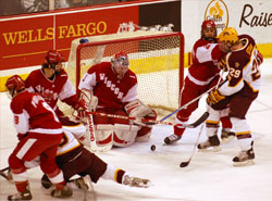 Brian Elliott makes one of his 26 saves Saturday (photo: Skip Strandberg).