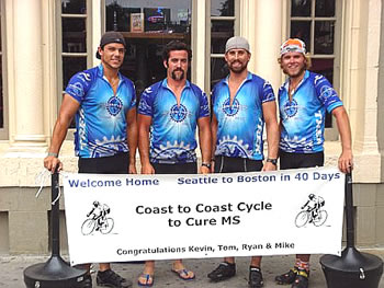 Current or former Babson players Kevin Welch, Tom Sullivan, Ryan Murphy and Mike Maher pose in Boston after completing their 3,300 mile ride for MS. (photos provided)