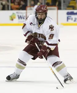 Nathan Gerbe was the hero for BC, scoring the tying and winning goals to send the Eagles into the title game (photo: Melissa Wade).
