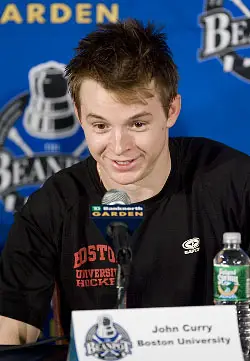 BU netminder John Curry at the postgame press conference.