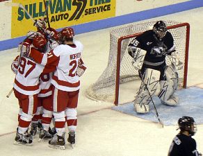 Boston University celebrates its fourth goal of the game Friday (photo: Scott Weighart).