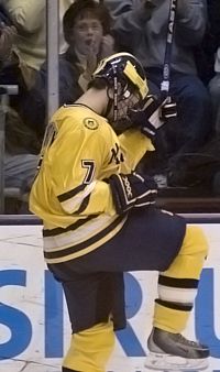 T.J. Hensick celebrates the second of his three goals Saturday night (photos: Ray Bartnikowski).