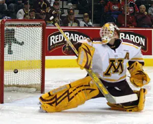 This puck got by Minnesota's Kellen Briggs, but it was one of only two on the night (photo: Skip Strandberg).