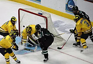 North Dakota's T.J. Oshie scores his first of three goals (photo: Skip Strandberg).