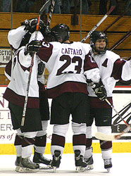 Union celebrates a shorthanded goal to put the Dutchmen on top of Dartmouth 3-1 late in the third en route to a 4-1 win (photo: Pat Coleman, D3sports.com).