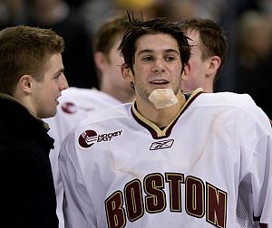 Tournament MVP Brian Gibbons (right), here with Brock Bradford, starred alongside Nick Petrecki in BC's Beanpot title win (photos: Melissa Wade).