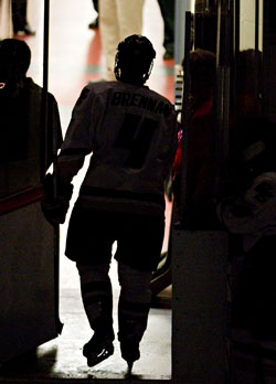 BC's Mike Brennan leaves the ice after the blackout (photos: Melissa Wade).