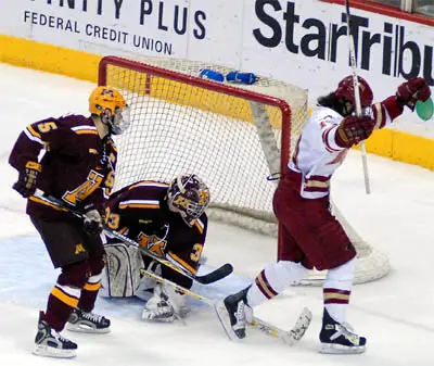 Tom May (r.) celebrates his goal Saturday against Minnesota, which held up as the game winner (photo: Tim Brule).