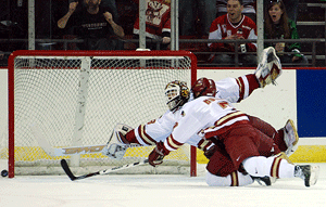 DU's Peter Mannino is caught out of position on Wisconsin's first goal (photo: Tim Brule).