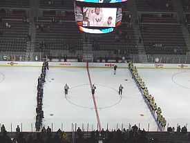 Wayne State and Niagara line up prior to Saturday's contest at the Palace of Auburn Hills (photo: Matt Mackinder).