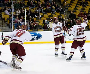 Barry Almeida, Benn Ferriero and Matt Price celebrate Ferriero's GWG (photos: Melissa Wade)..