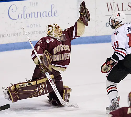 John Muse makes a stop on Randy Guzior this time, but wouldn't be able to stop him in the final minute when Guzior tied the game at 1 for Northeastern.