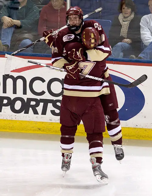 Jimmy Hayes and Carl Sneep celebrate Hayes' goal which made it 3-0 (photo: Melissa Wade).