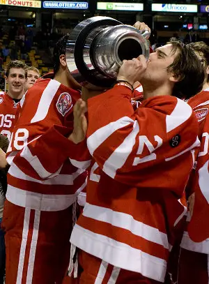 Jason Lawrence, who scored GWGs in both Beanpot games, gets better acquainted with the Beanpot (photos: Melissa Wade).