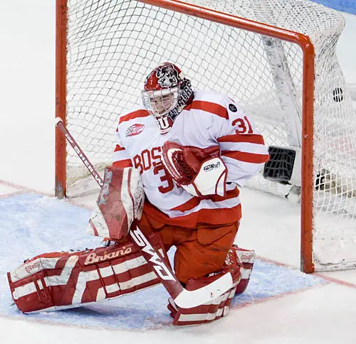 Steve Silva's shot hits the back of the net behind Kieran Millan to cut BU's lead in half (photo: Melissa Wade).