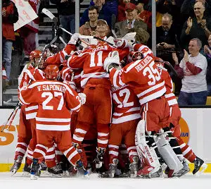 A scene oft-repeated: Boston University celebrates its Beanpot championship.