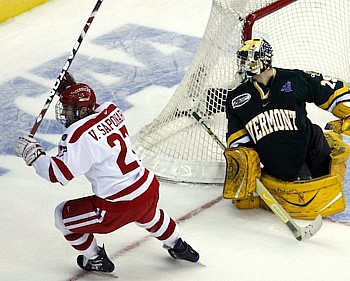 Vinny Saponari -- here scoring BU's third goal -- is among the BU contingent inherited from the U.S. Under-18 team (photo: Jim Rosvold).